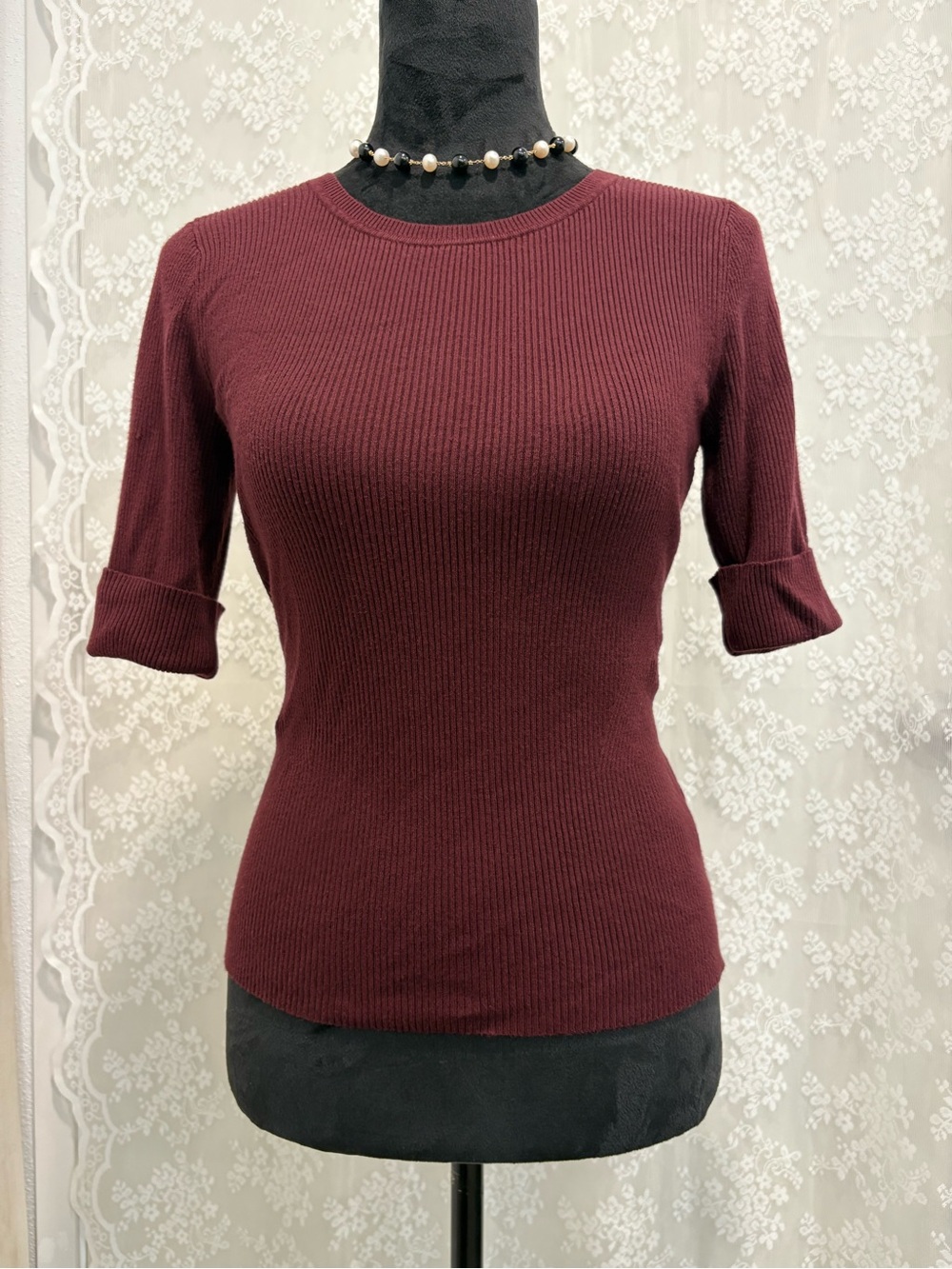 White House Black Market Ribbed Short-Sleeve Top - Wine